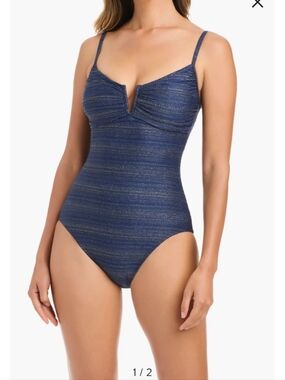 Bleu Rod Beattie Metallic V Wire 1 Piece Swimsuit In Midnight Navy Size 10 NWOT